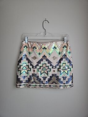Sequin Aztec Tribal Stretch Mini Skirt Swimwear Coverup XS EUC